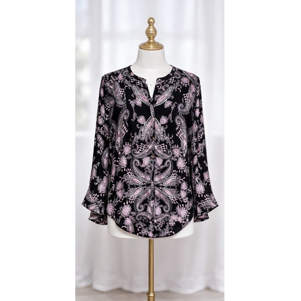Foxcroft NYC Button Up Blouse Top Bell Sleeve Blouse Paisley Black Pink Size 14W